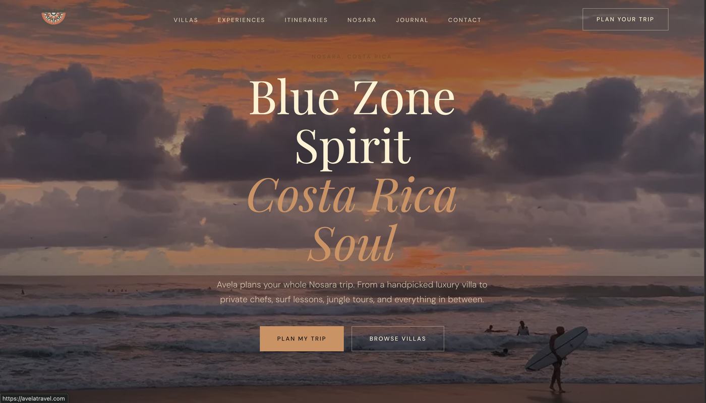 The Avela Travel website